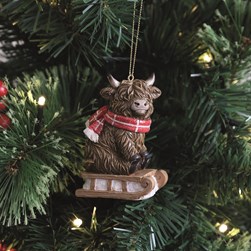 Highland Cow Sled Tree Decoration 9cm