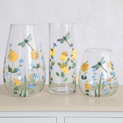 Squat Vase Blue & Yellow Floral Dragonfly 15cm