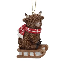 Highland Cow Sled Tree Decoration 9cm