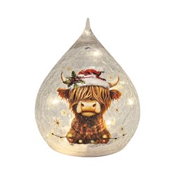 LED Crackle Glass Teardrop Highland Cow 15cm LED Crackle Glass Teardrop Highland Cow 15cm