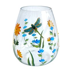 Squat Vase Blue & Yellow Floral Dragonfly 15cm