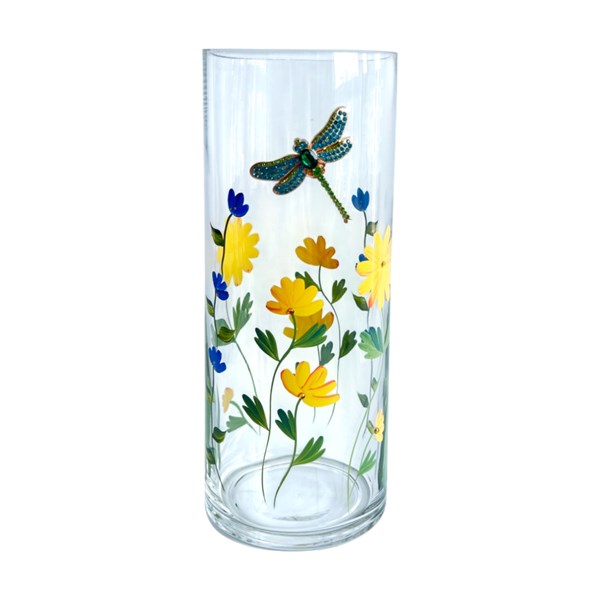 Cylinder Vase Blue & Yellow Floral Dragonfly 25cm