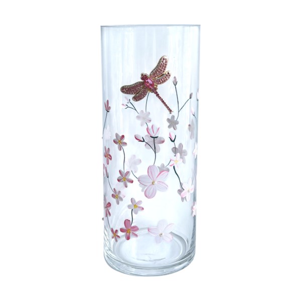 Cylinder Vase Pink Floral Dragonfly 25cm