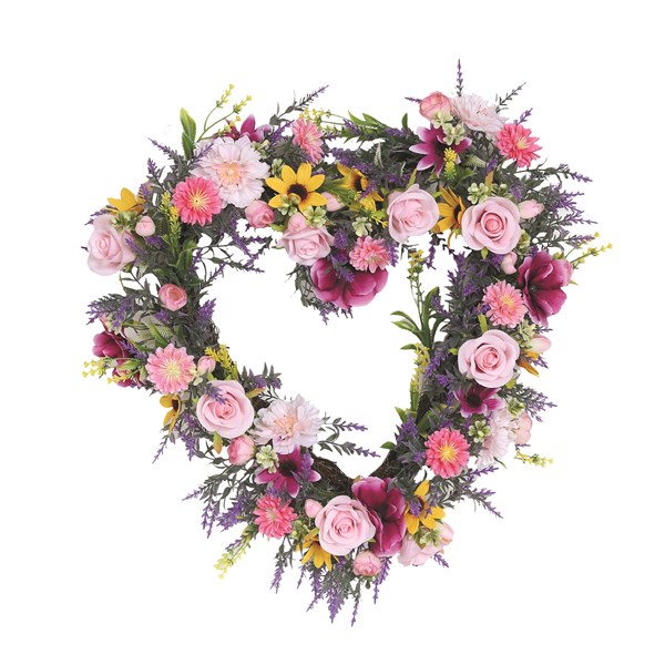 Heart Floral Wreath Pink and Yellow Orchid, Sunflower & Rose 45cm Heart Floral Wreath Pink and Yellow Orchid, Sunflower & Rose 45cm
