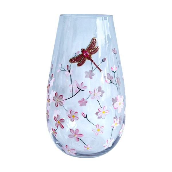 Oval Vase Pink Floral Dragonfly 25cm