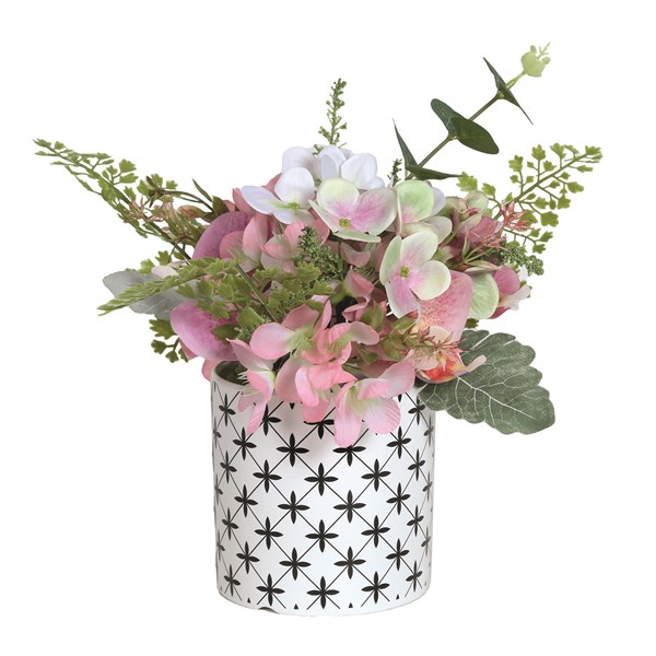 White and Pink Floral Arrangement in White Patterned Pot 20cm White and Pink Floral Arrangement in White Patterned Pot 20cm