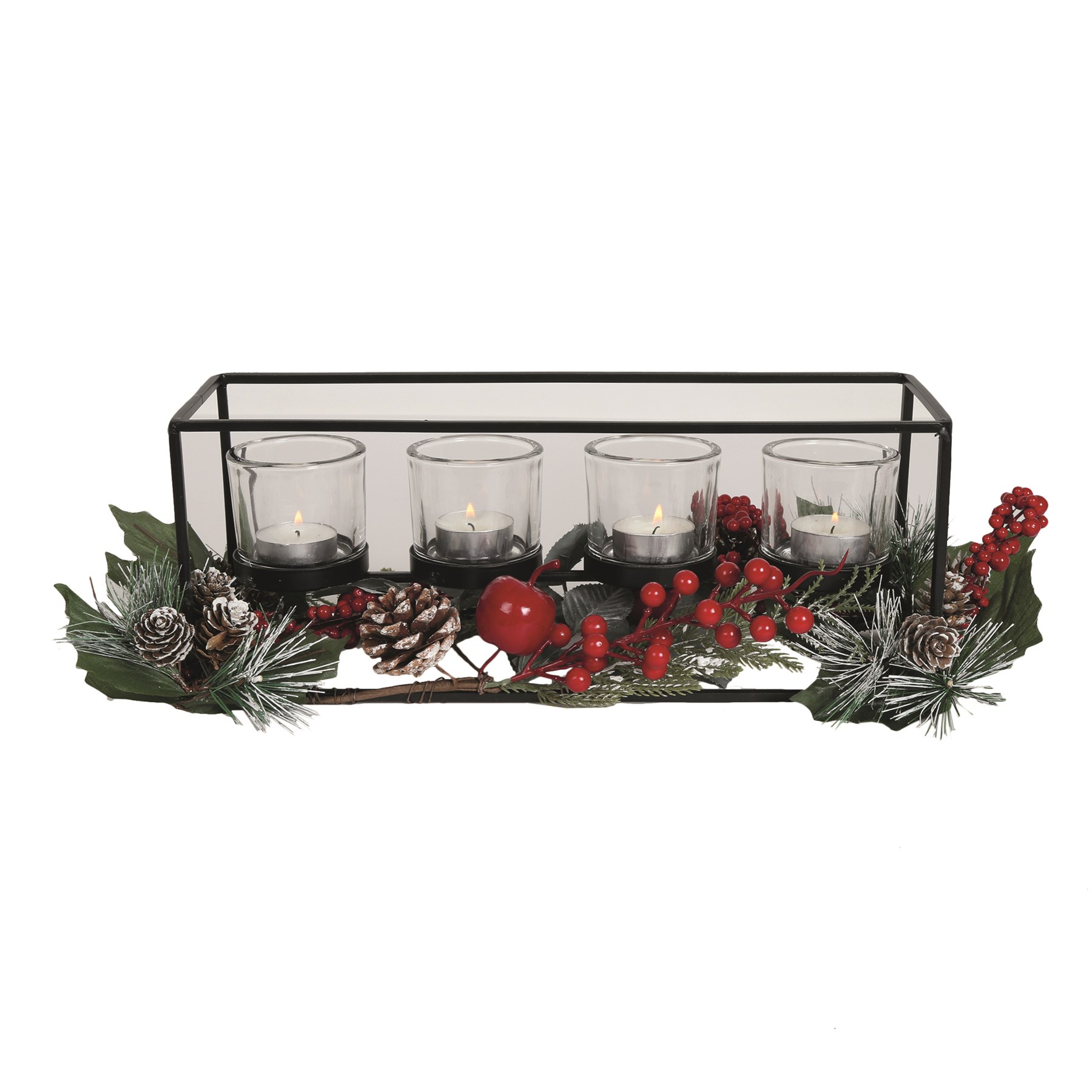 Black Metal Frame 4 Tealight Holder with Red Berry Foliage 35cm