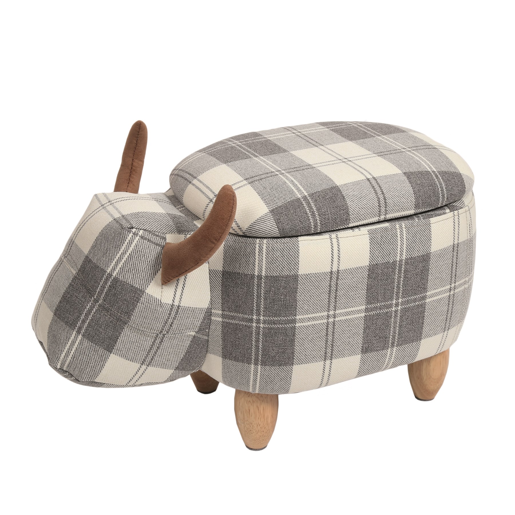 Grey Tartan Cow Storage Footstool 58x37x28cm