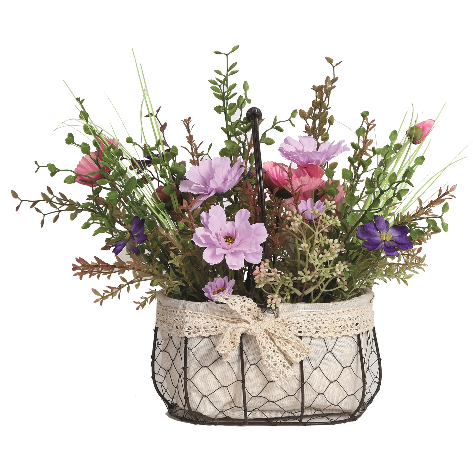 Mixed Artificial Florals in a Wire Basket 50cm