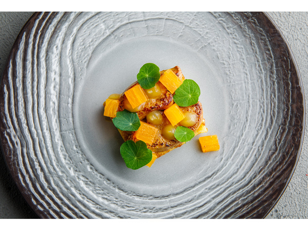 Foie gras on brioche with apple cream and persimmon Order Delivery