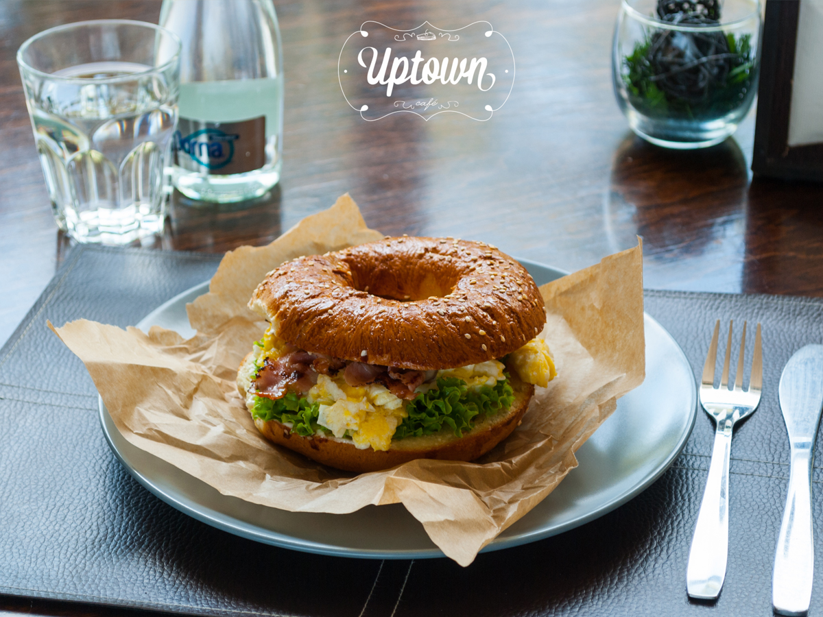 Bagel with bacon and omelette Order Delivery Bagel with bacon and