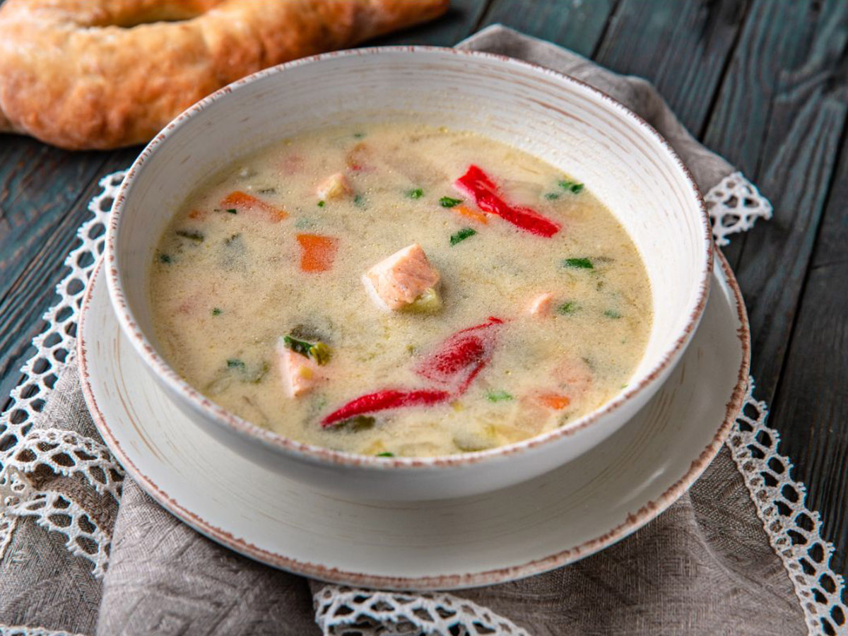 Mountain fish soup with smoked salmon and cheese Order Delivery Mountain fish soup with smoked