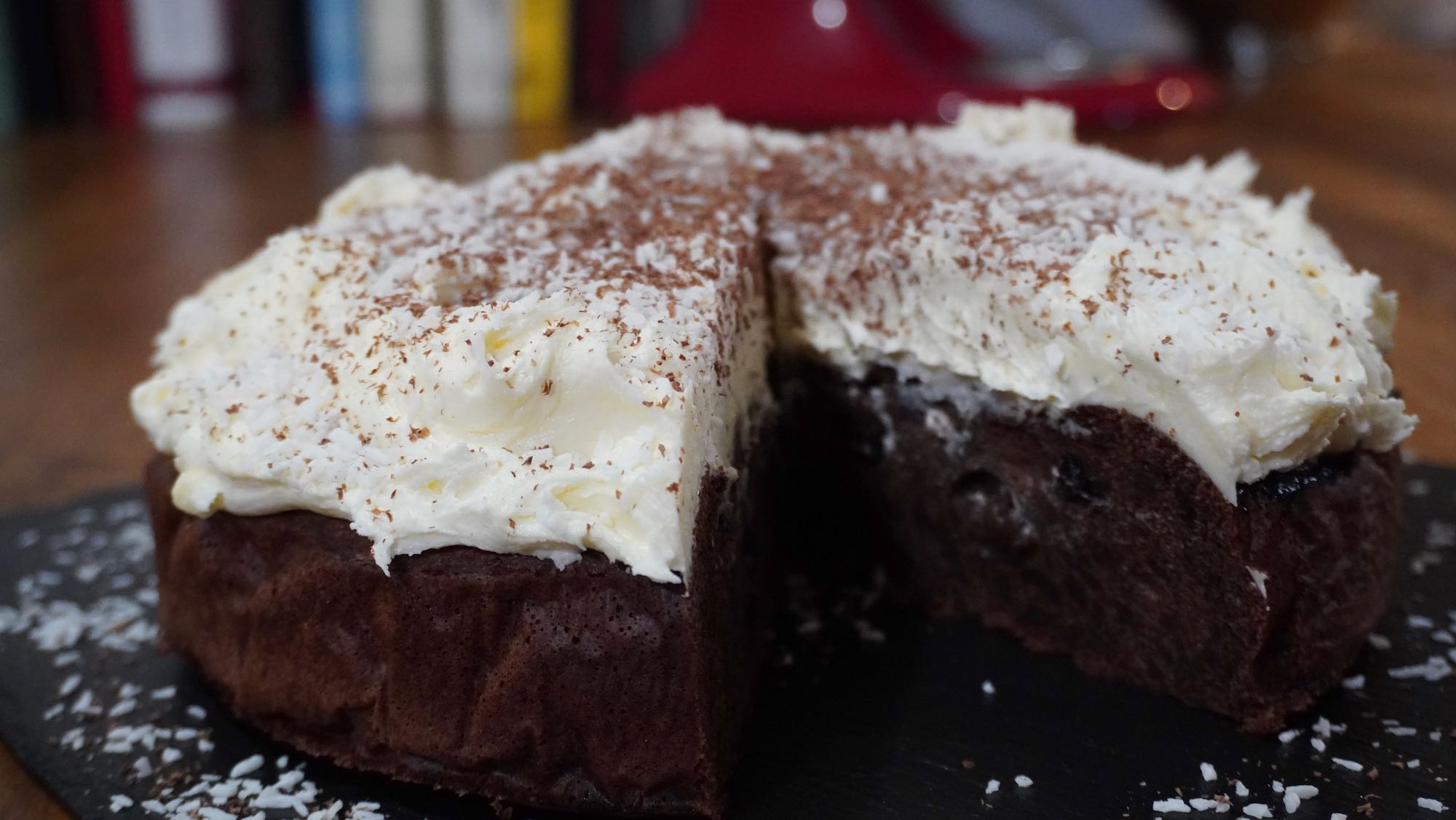 Chocolate Cherry Cake + coconut icing