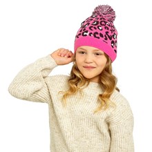 GIRLS PINK LEOPARD PRINT HAT WITH BOBBLE