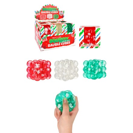 CHRISTMAS SQUEEZE BAUBLE CUBE WITH SNOWFLAKES - 5CM