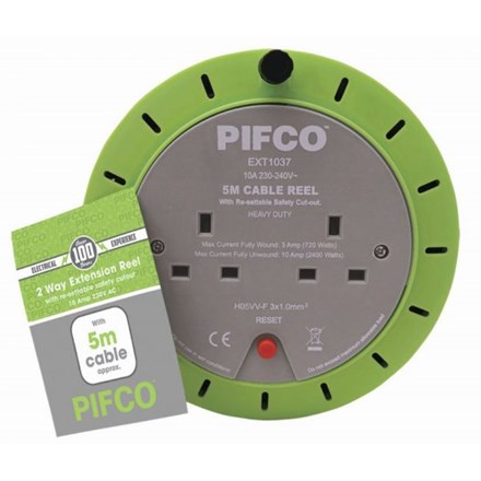 PIFCO - 2 WAY 5M CABLE REEL - 10A 230-240V