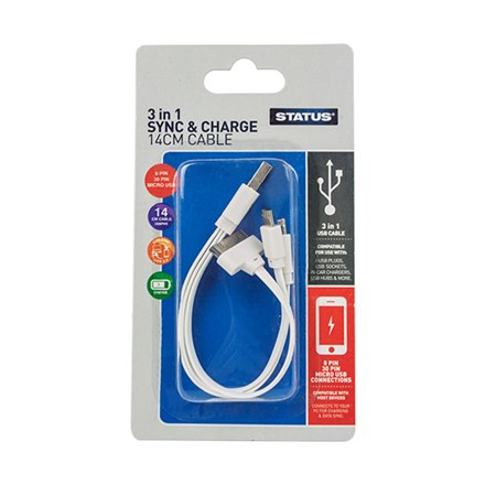 STATUS - 3 IN 1 SYNC AND CHARGE CABLE - 14CM