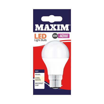 MAXIM LED BULB - GLS COOL WHITE - BC 6W/40W