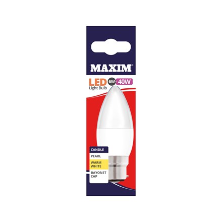 MAXIM LED BULB - CANDLE WARM WHITE - BC 6W/40W