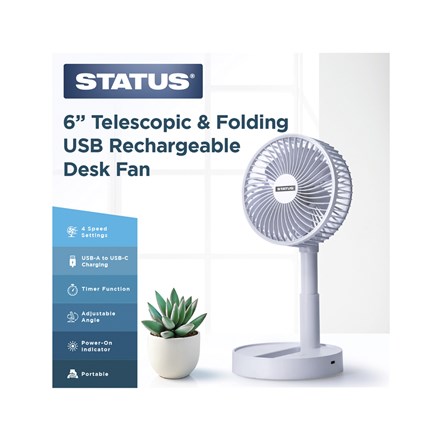 STATUS - 6'' TELESCOPIC & FOLDING USB RECHARGABLE DESK FAN