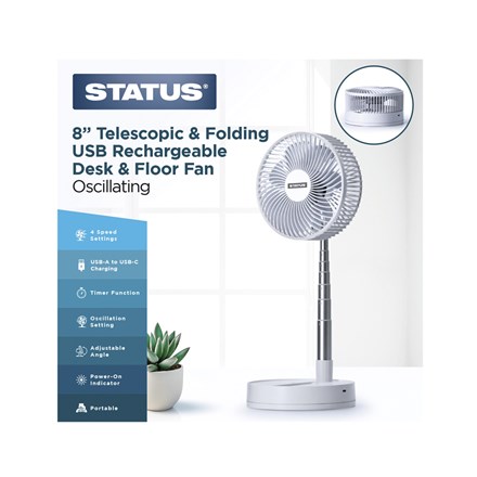 STATUS - 8'' TELESCOPIC & FOLDING USB RECHARGABLE DESK & FLOOR FAN
