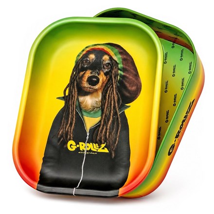 G-ROLLZ MEDIUM STORAGE BOX TIN WITH TRAY LID DOG RASTA 17 X 13 X 7CM