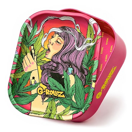 G-ROLLZ MEDIUM STORAGE BOX TIN WITH TRAY LID PINK GREEN GIRL 17 X 13 X 7CM
