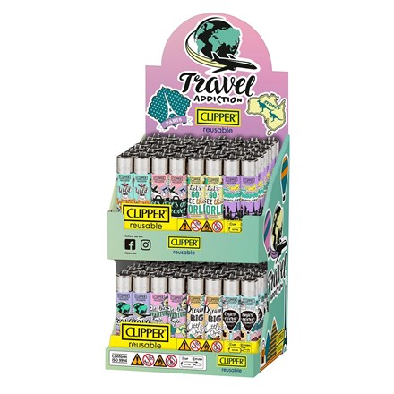 CLIPPER PRINTED FLINT DISPLAY - TRAVEL ADDICTION - 96 PACK