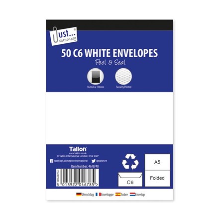 JUST STATIONERY - C6 WHITE ENVELOPES - 50 PACK