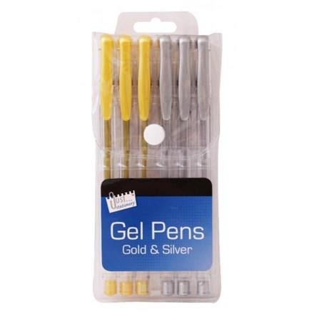 JUST STATIONERY - GOLD & SILVER GEL PENS - 6 PACK
