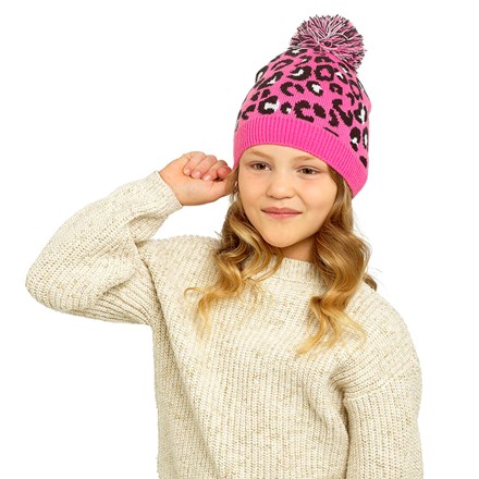 GIRLS PINK LEOPARD PRINT HAT WITH BOBBLE