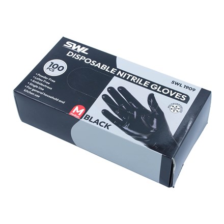 SWL - BLACK DISPOSABLE NITRILE GLOVES MEDIUM - 100 PACK