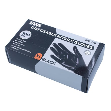 SWL - BLACK DISPOSABLE NITRILE GLOVES EXTRA LARGE - 100 PACK