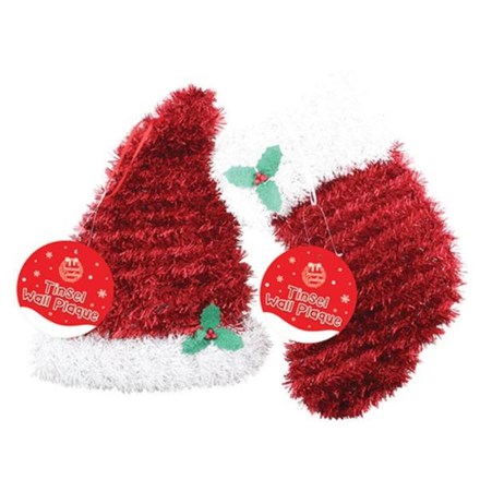 TINSEL WALL PLAQUE STOCKING & HAT