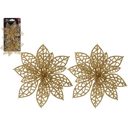 2PK CLIP ON XMAS POINSETTIA DECORATION - GOLD