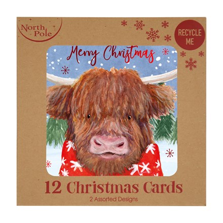 NORTH POLE - HIGHLAND COW XMAS CRAFT CARDS - 12 PK