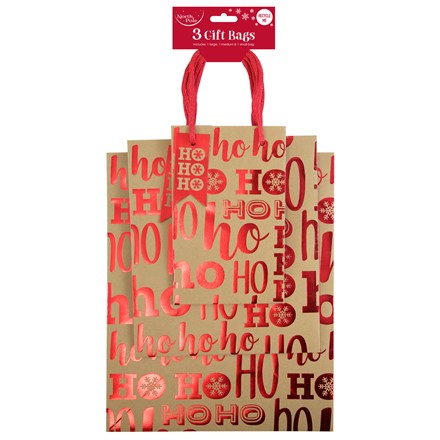 HOHOHO XMAS GIFT BAGS MIXED SIZES - 3 PACK