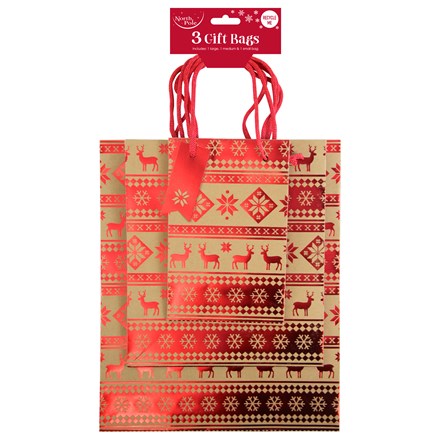 REINDEER XMAS GIFT BAGS MIXED SIZES - 3 PACK
