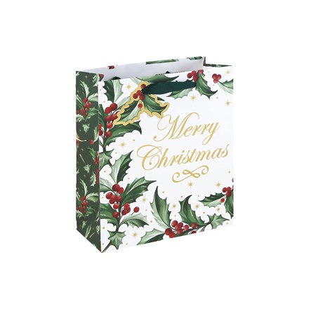 HOLLY MERRY CHRISTMAS WHITE KRAFT MEDIUM BAG