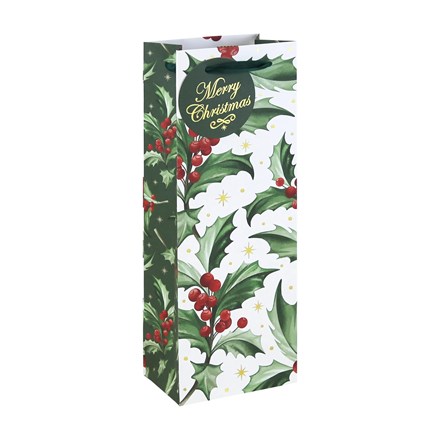 HOLLY MERRY CHRISTMAS WHITE KRAFT BOTTLE BAG