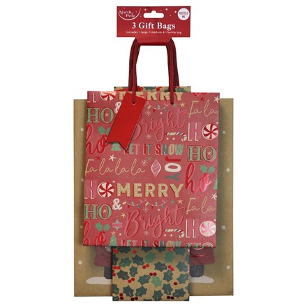 CHRISTMAS FESTIVE BROWN KRAFT GIFT BAGS - 3 PACK
