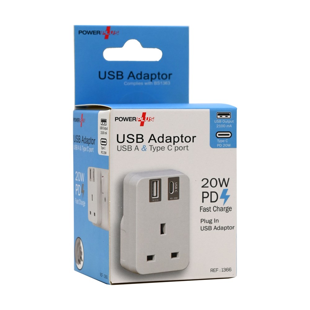 USB WALL PLUG ADAPTOR USB A & TYPE C PORTS