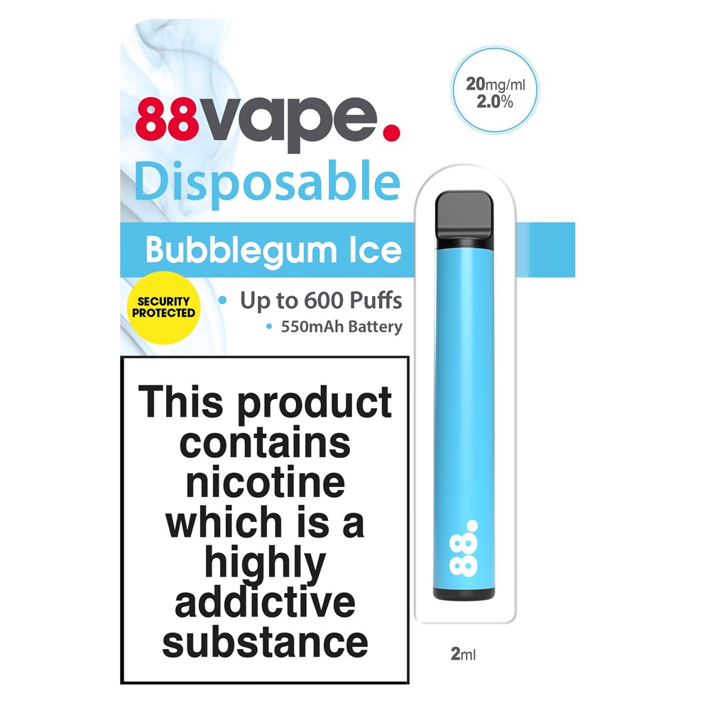 88 VAPE DISPOSABLE VAPE PEN 600 PUFFBUBBLEGUM ICE