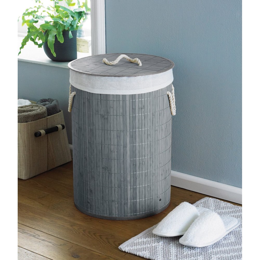BAMBOO LAUNDRY HAMPER GREY ROUND