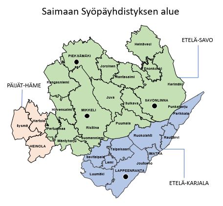 Saimaan Syöpäyhdistyksen toimialue 26 kuntaa