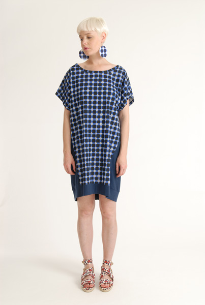 Eley Kishimoto 'Ravioli' print dress with matching Tatty Devine earrings Eley Kishimoto 'Ravioli' print dress with matching Tatty Devine earrings