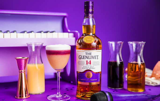 The Purple Rain Cocktail with The Glenlivet 14 YO bottle and cocktail ingredients The Purple Rain Cocktail with The Glenlivet 14 YO bottle and cocktail ingredients