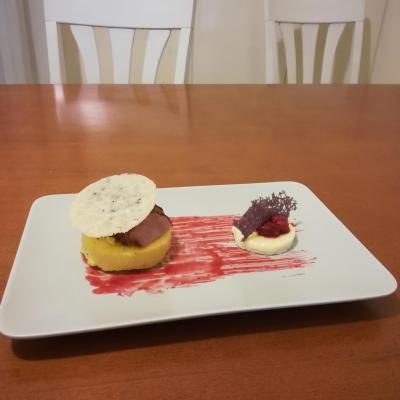 Smoked pork filet, polenta, brie, raspberry sauce.jpg