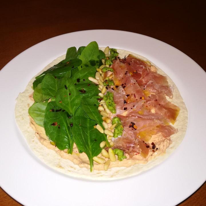 Spinach, prociutto, pesto, dried tomato sauce.jpg