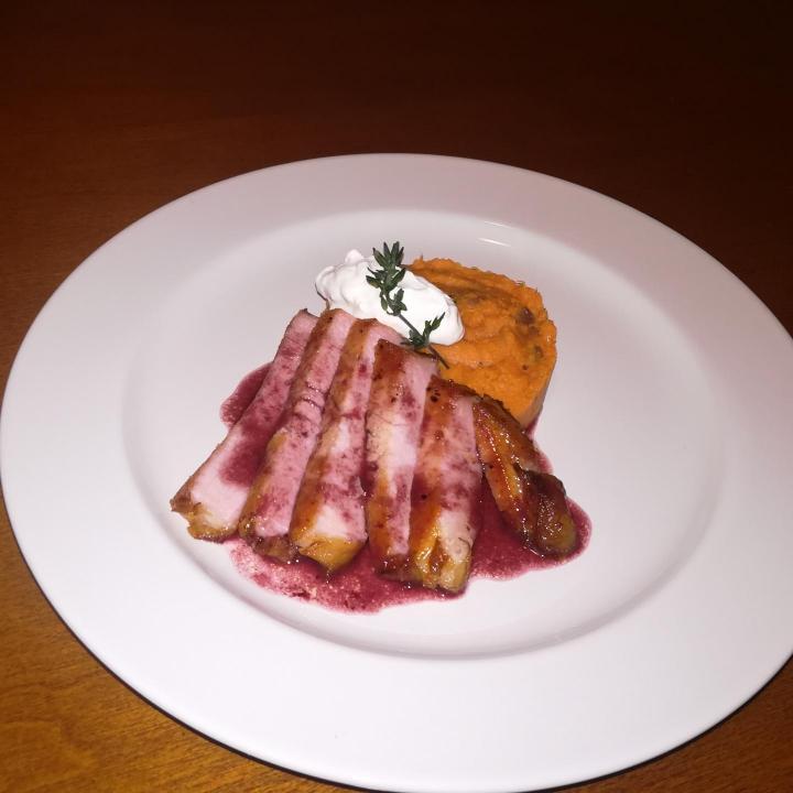 Smoked chops, sweet potato mash, raspberry sauce.jpg